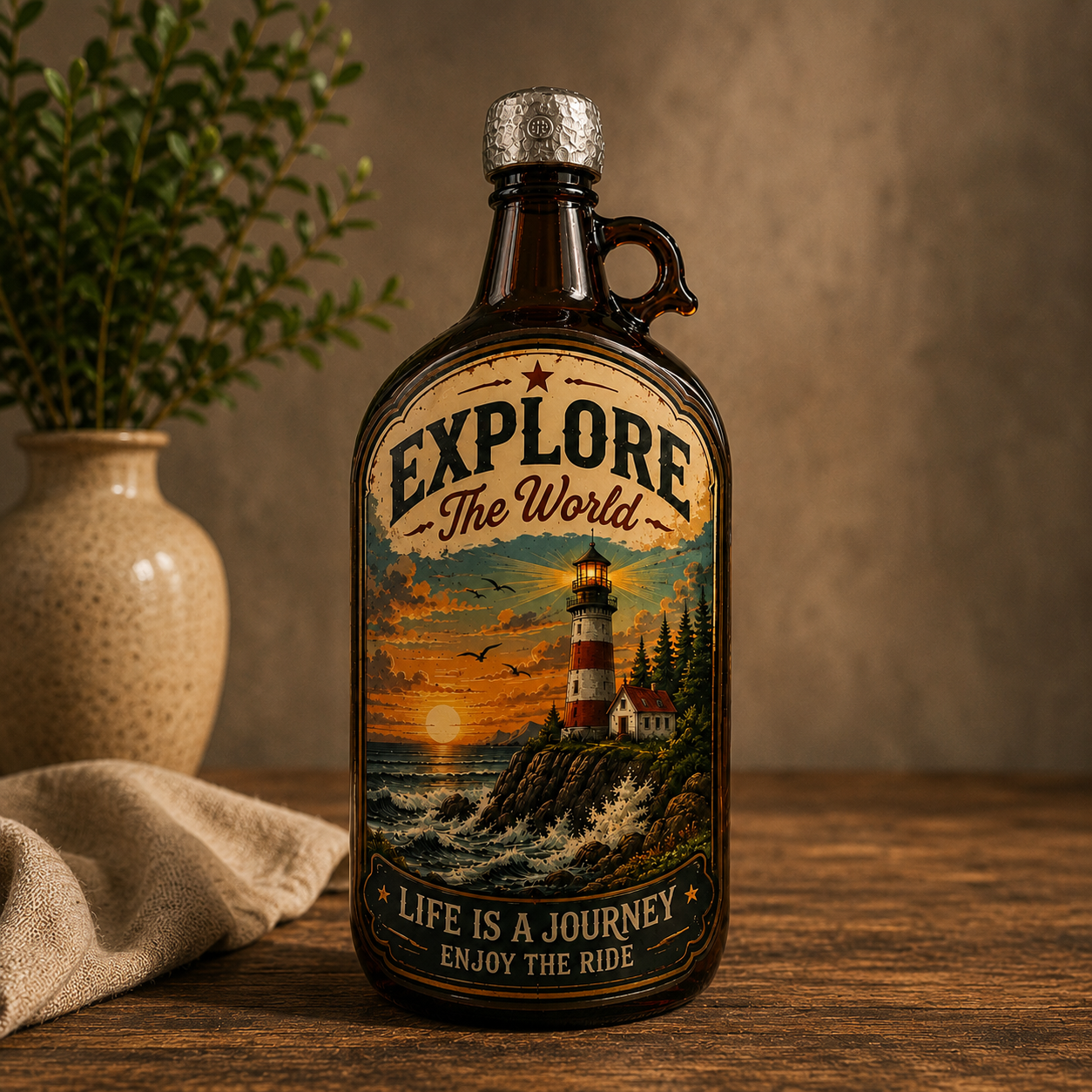 Explore The World – Vintage Amber Glass Bottle
