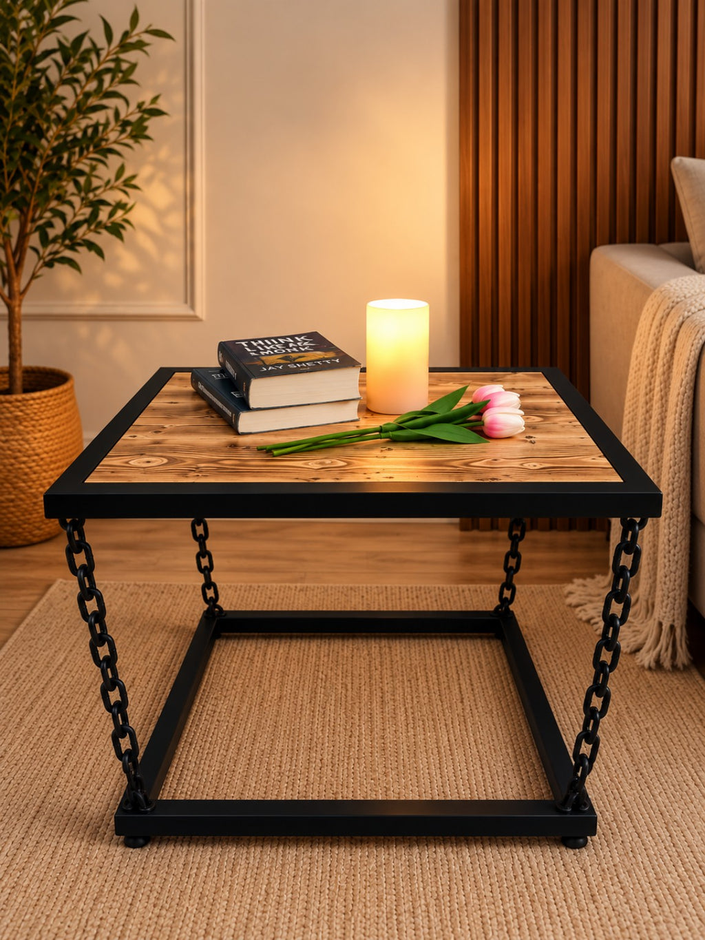 Industrial chain frame wooden center table for living room