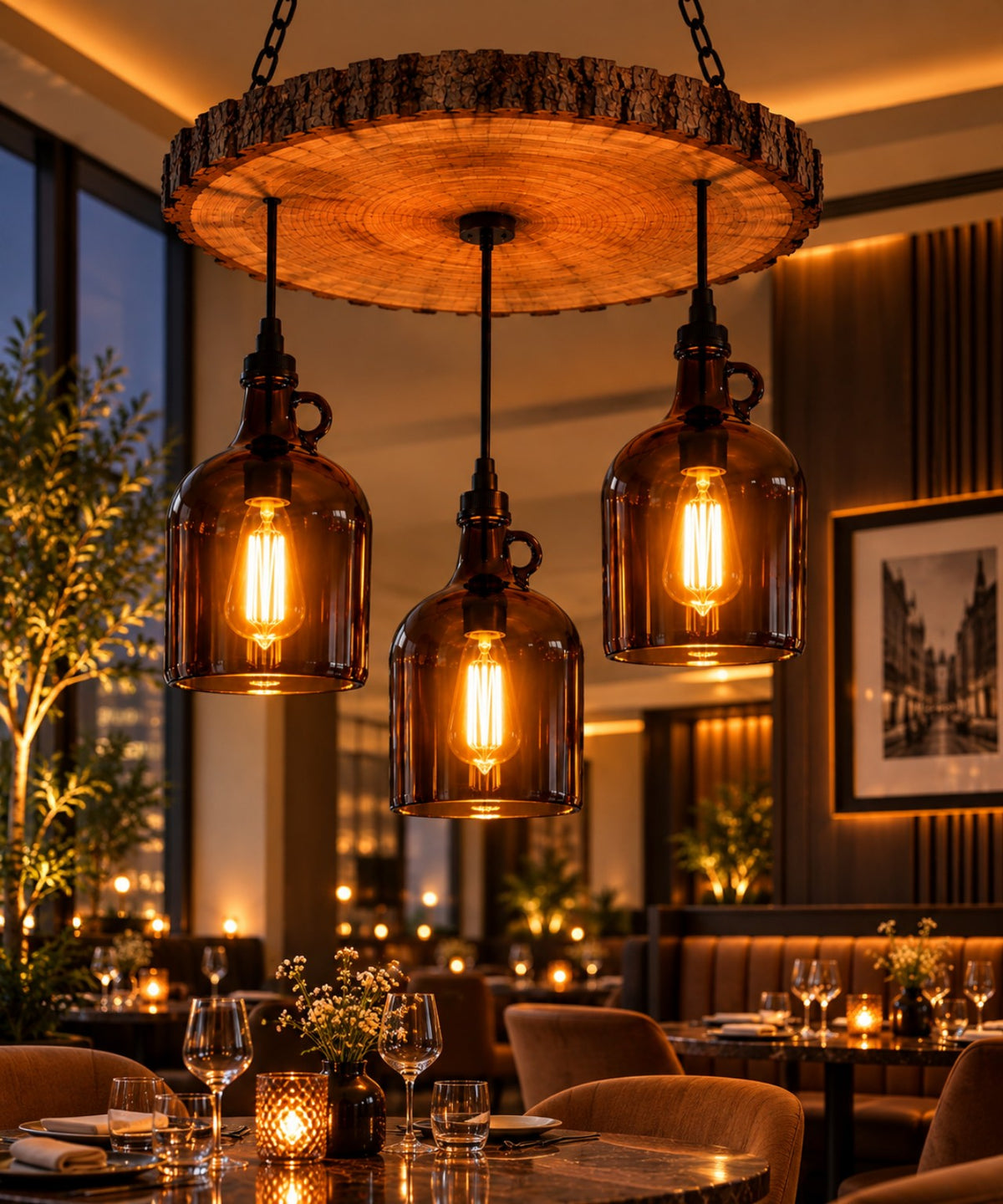 Decorative bottle chandelier in luxury restaurant
