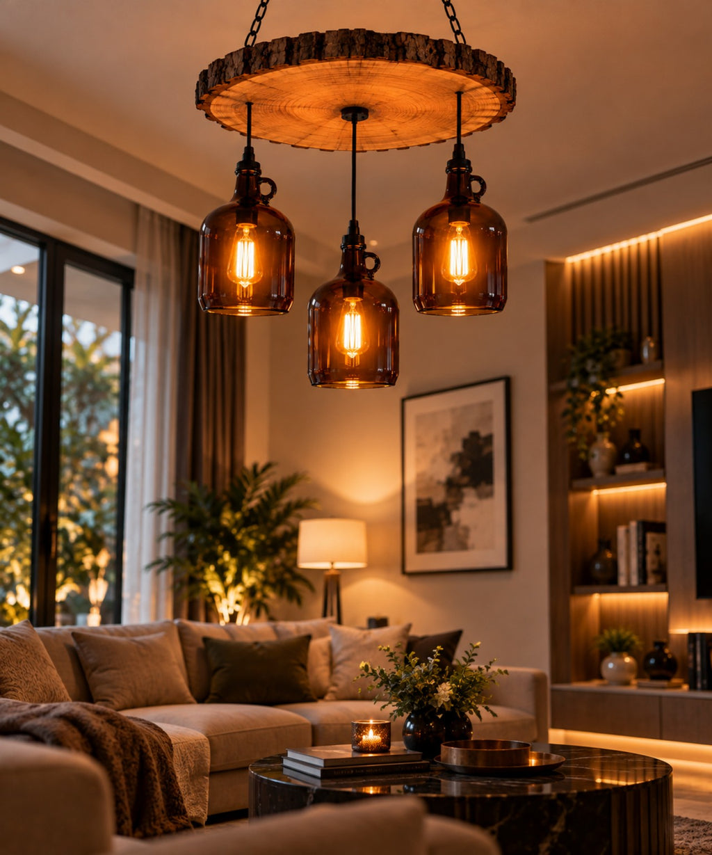 Decorative bottle chandelier in modern living room