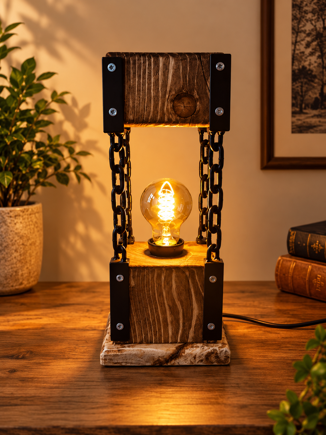 Handcrafted wooden decorative light with warm Edison bulb