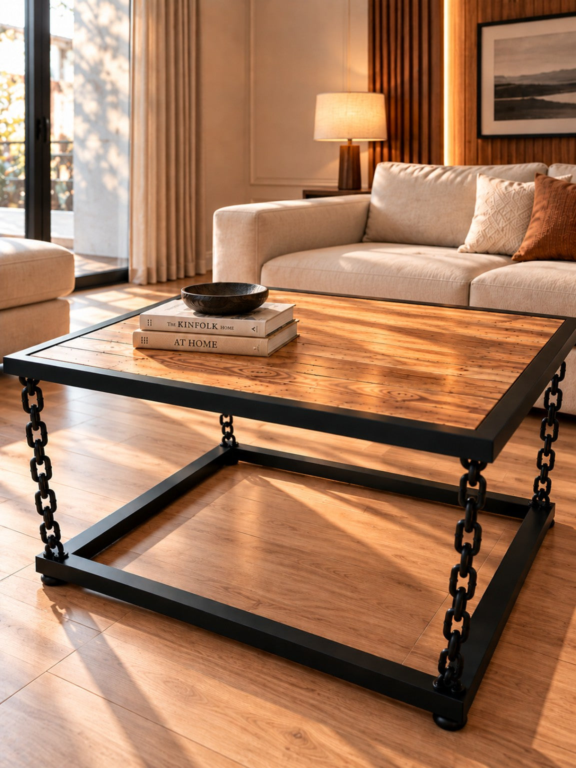 Industrial chain frame wooden center table in living room