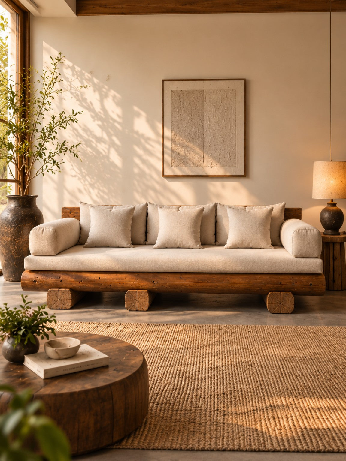 Mahogany wood sofa with cushions
