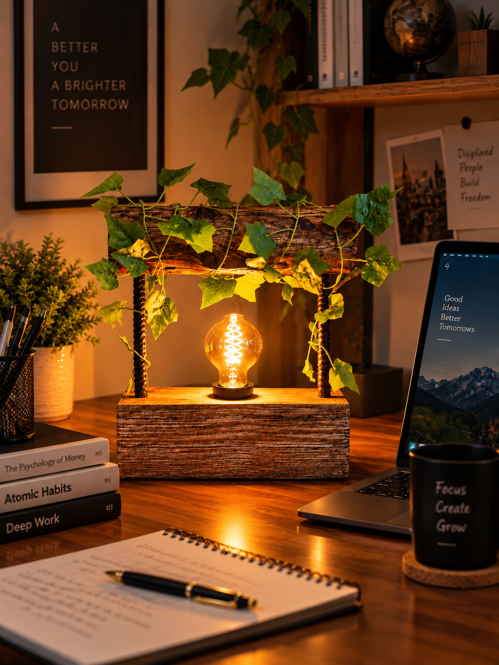 Rustic Ivy Wooden Decorative Light on a study desk