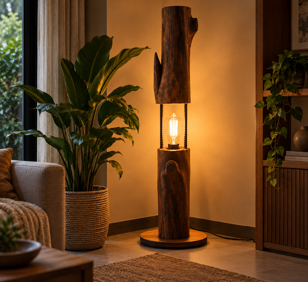 Rustic wooden decorative floor light placed in a living room corner