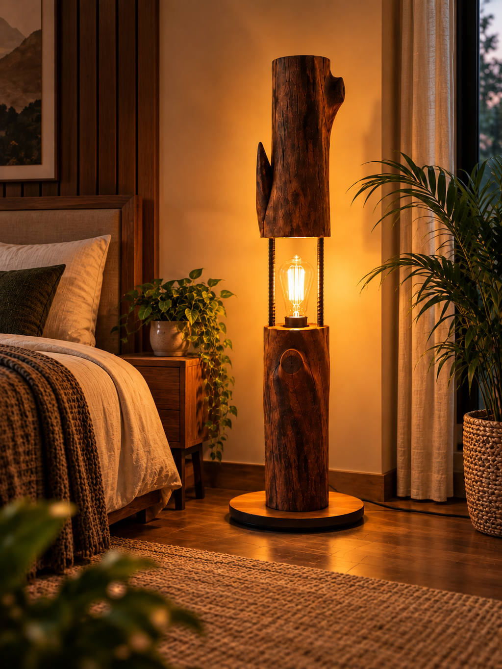 Rustic Wooden Decorative Floor Light in a warm bedroom corner