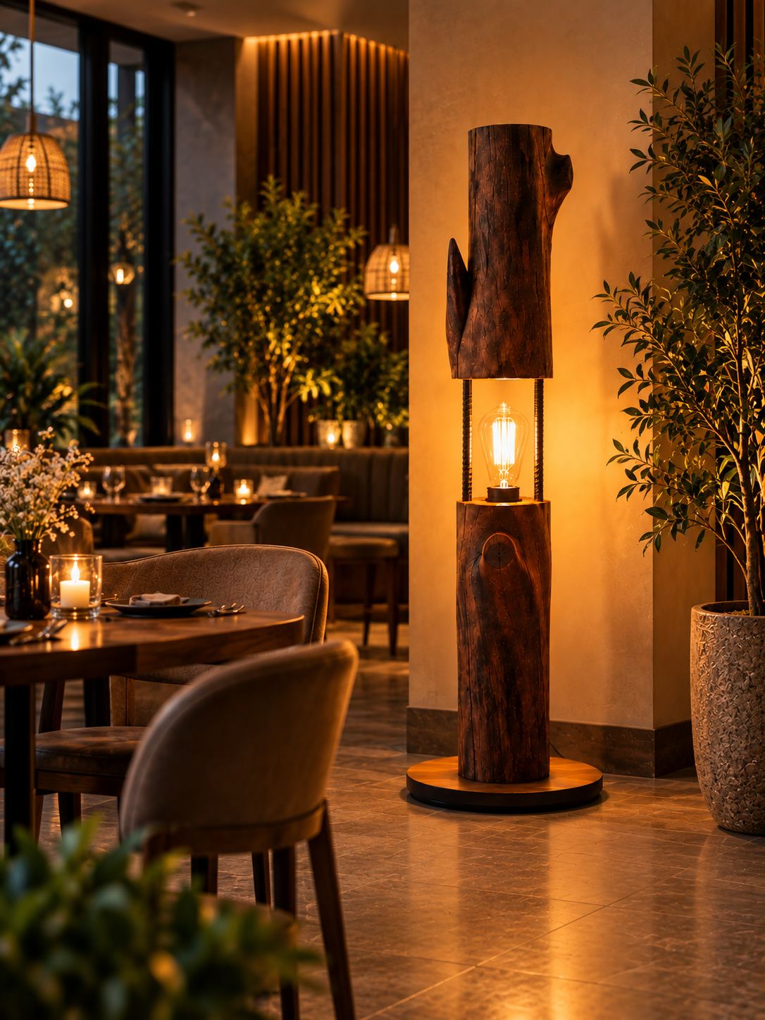 Rustic Wooden Decorative Floor Light in restaurant interior, 3:4